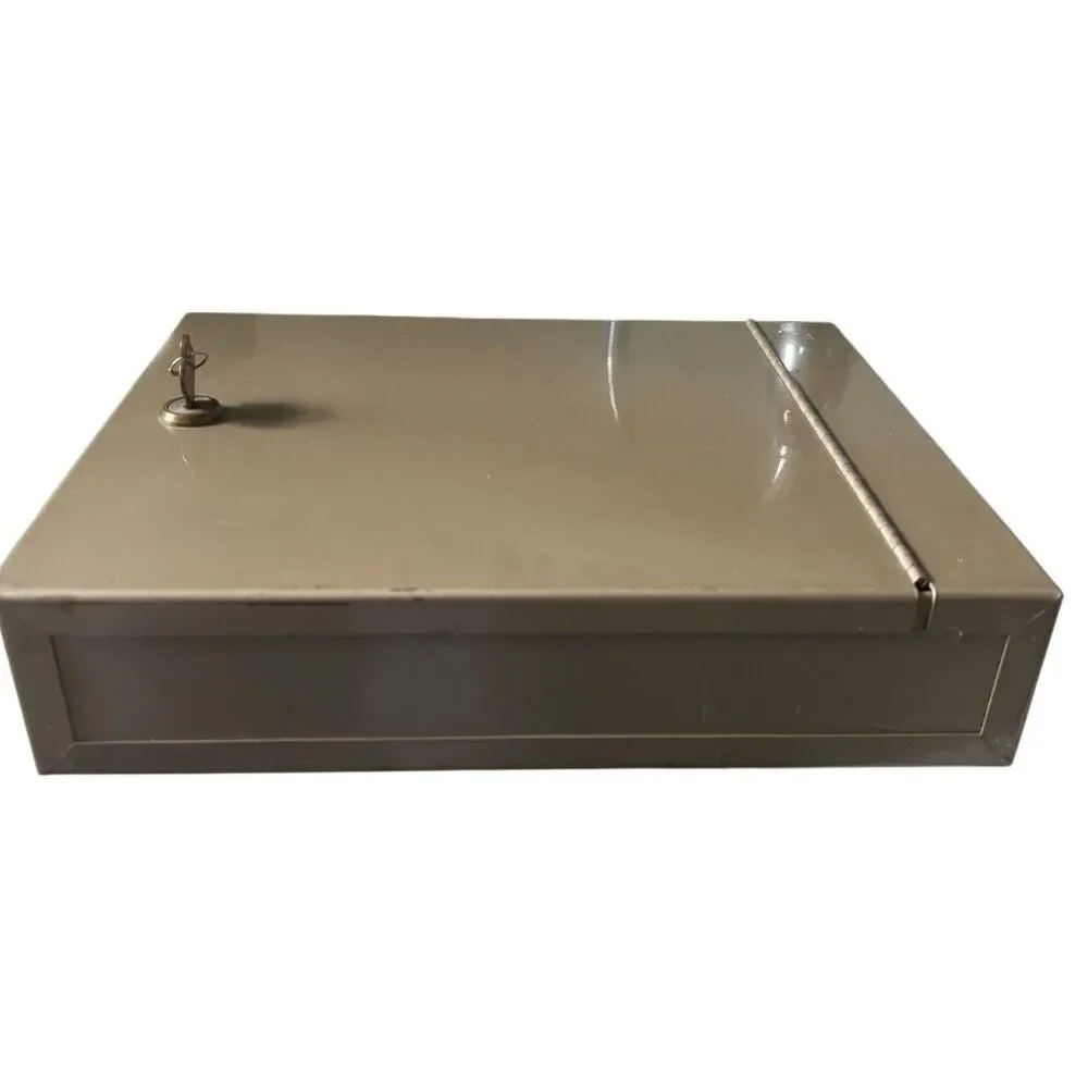 Vintage Heavy Duty Metal Lock Box Cash Document Security Safe Tan Beige 12x9.5